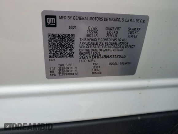 2022 Chevrolet Blazer LT with VIN 3GNKBHR49NS113055, listed as a Copart auction lot 54768725 with 51,151 mi miles and Salvage title. Bid and sale history available at DreamBid. Image 13.
