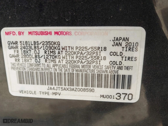 2010 Mitsubishi Outlander GT with VIN JA4JT5AX3AZ008590, listed as a IAAI auction lot 41762160 with 176,906 mi miles. Bid and sale history available at carsss.com. Image 9.