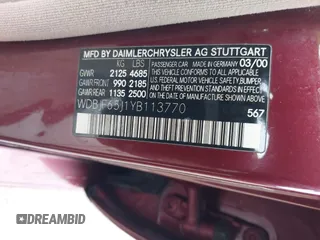 2000 Mercedes-Benz E-Class with VIN WDBJF65J1YB113770, listed as a IAAI auction lot 41462464 with 157,279 mi miles. Bid and sale history available at carsss.com. Image 9.