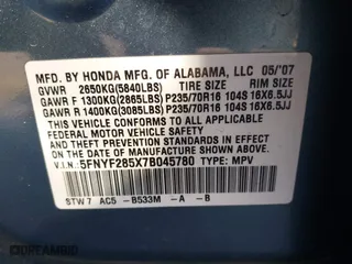 2007 Honda Pilot EX-L with VIN 5FNYF285X7B045780, listed as a IAAI auction lot 41324224 with 168,911 mi miles. Bid and sale history available at carsss.com. Image 9.