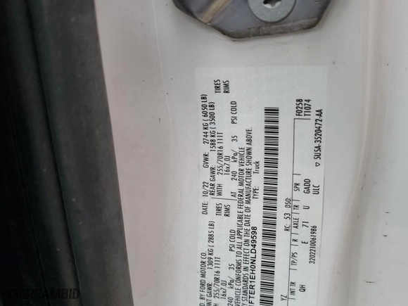 2022 Ford Ranger XL with VIN 1FTER1EH0NLD49598, listed as a Copart auction lot 76036554 with 0 mi miles and Salvage Title. Bid and sale history available at carsss.com. Image 13.