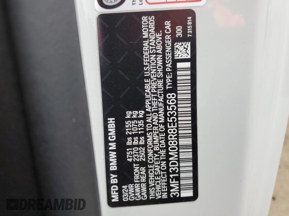 2024 BMW M2 z VIN 3MF13DM08R8E53568, wystawiony jako Copart lot #48982005 z przebiegiem 16 586 mil mil oraz Szkody całkowita. Historia ofert i sprzedaży dostępna na DreamBid. Obrazek 13.