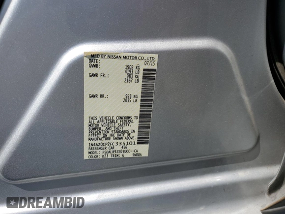 2015 Nissan LEAF SV with VIN 1N4AZ0CP2FC335101, listed as a Copart auction lot 63713993 with 0 mi miles. Bid and sale history available at carsss.com. Image 13.