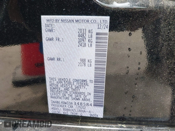2025 Nissan Altima SV with VIN 1N4BL4DW1SN348584, listed as a IAAI auction lot 42153182 with 9,047 mi miles and . Bid and sale history available at DreamBid. Image 9.
