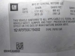 2010 Chevrolet Cobalt 2LT with VIN 1G1AF5F56A7194392, listed as a IAAI auction lot 41600424 with Not Provided miles and . Bid and sale history available at DreamBid. Image 9.