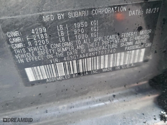 2022 Subaru Impreza with VIN 4S3GTAA64N1701740, listed as a Copart auction lot 85823764 with 89,806 mi miles and Salvage Title. Bid and sale history available at carsss.com. Image 12.