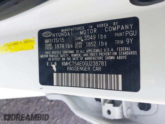 2016 Hyundai Accent SE with VIN KMHCT5AE0GU238781, listed as a IAAI auction lot 41805846 with 121,022 mi miles. Bid and sale history available at carsss.com. Image 9.