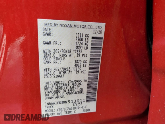 2021 Nissan Titan Pro-4X с VIN 1N6AA1ED3MN513011, выставлен на аукционе Copart как лот 51118565 с пробегом 55 843 миль миль и Списание • Salvage title. История ставок и продаж доступна на DreamBid. Изображение 13.