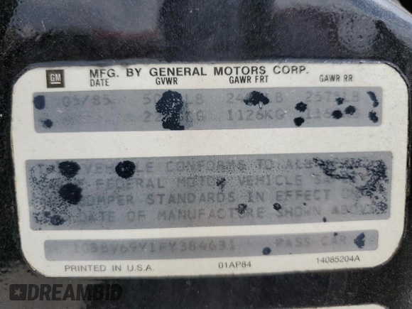 1985 Oldsmobile 88 z VIN 1G3BV69Y1FY384631, wystawiony jako Copart lot #43389795 z przebiegiem 180 641 mil mil oraz Szkoda całkowita • Salvage title. Historia ofert i sprzedaży dostępna na DreamBid. Obrazek 13.
