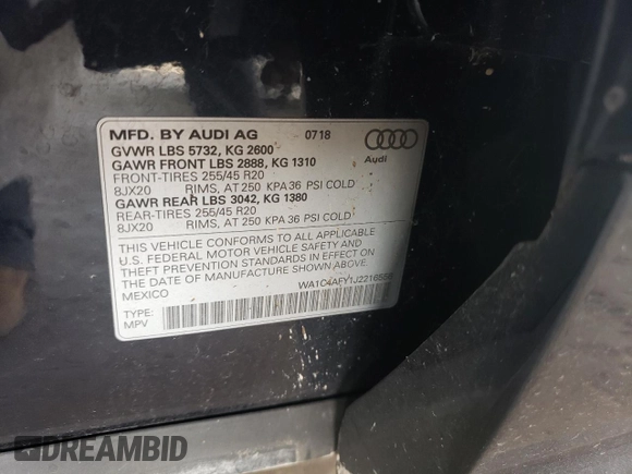 2018 Audi SQ5 Prestige with VIN WA1C4AFY1J2216556, listed as a Copart auction lot 69379453 with 53,602 mi miles. Bid and sale history available at carsss.com. Image 12.