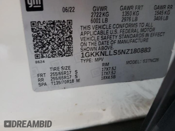 2022 GMC Acadia AT4 with VIN 1GKKNLLS5NZ180883, listed as a Copart auction lot 56915655 with 68,595 mi miles and Salvage title. Bid and sale history available at DreamBid. Image 13.