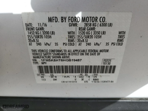 2017 Ford Explorer Platinum with VIN 1FM5K8HT6HGB19487, listed as a Copart auction lot 48171815 with 87,007 mi miles and Salvage Title. Bid and sale history available at carsss.com. Image 14.