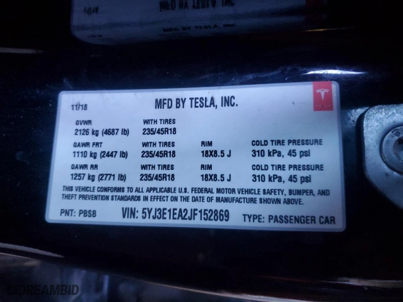 2018 Tesla Model 3 Long Range Battery with VIN 5YJ3E1EA2JF152869, listed as a Copart auction lot 46461005 with 99,476 mi miles and Clean Title. Bid and sale history available at carsss.com. Image 14.