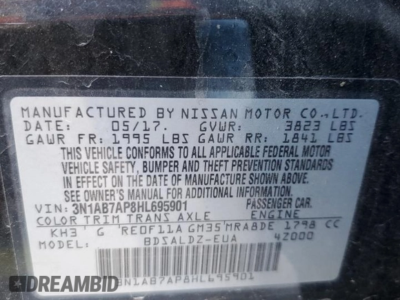 2017 Nissan Sentra SV with VIN 3N1AB7AP8HL695901, listed as a Copart auction lot 44817245 with 78,805 mi miles and Salvage Title. Bid and sale history available at carsss.com. Image 12.