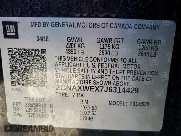 2018 Chevrolet Equinox Premier with VIN 2GNAXWEX7J6314429, listed as a Copart auction lot 51079945 with 79,044 mi miles and Clean Title. Bid and sale history available at carsss.com. Image 13.