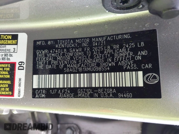 2021 Lexus ES 350 F Sport with VIN 58AGZ1B1XMU098554, listed as a IAAI auction lot 42026390 with 86,171 mi miles and . Bid and sale history available at DreamBid. Image 9.