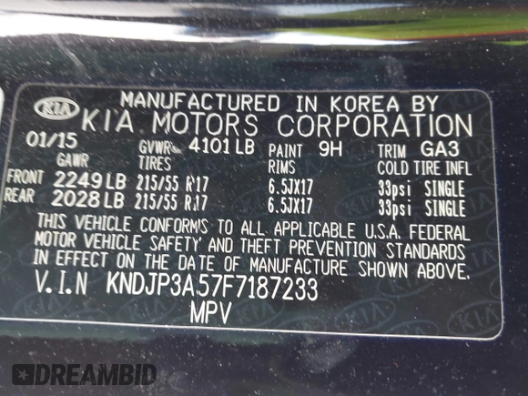 2015 Kia Soul + with VIN KNDJP3A57F7187233, listed as a IAAI auction lot 41576363 with 96,017 mi miles. Bid and sale history available at carsss.com. Image 9.