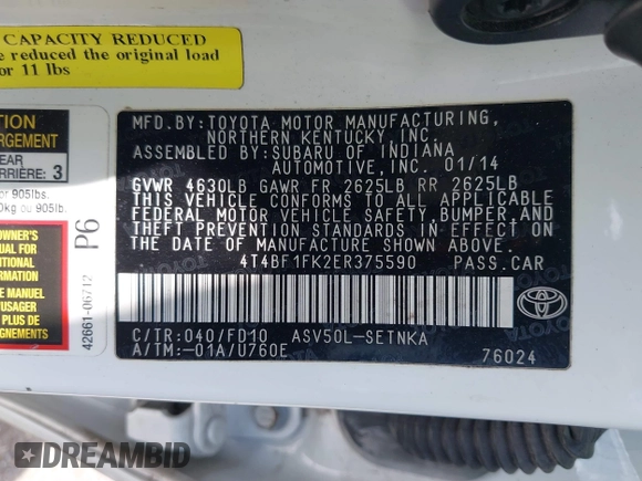 2014 Toyota Camry L with VIN 4T4BF1FK2ER375590, listed as a IAAI auction lot 42101553 with 126,849 mi miles and . Bid and sale history available at DreamBid. Image 9.