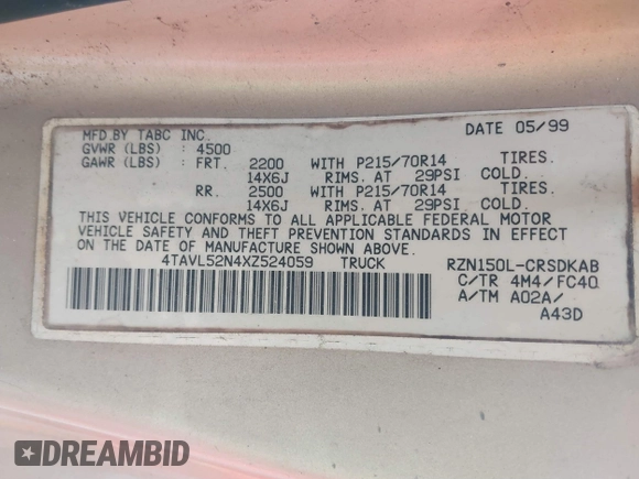 1999 Toyota Tacoma with VIN 4TAVL52N4XZ524059, listed as a IAAI auction lot 41761806 with 214,425 mi miles and . Bid and sale history available at DreamBid. Image 9.