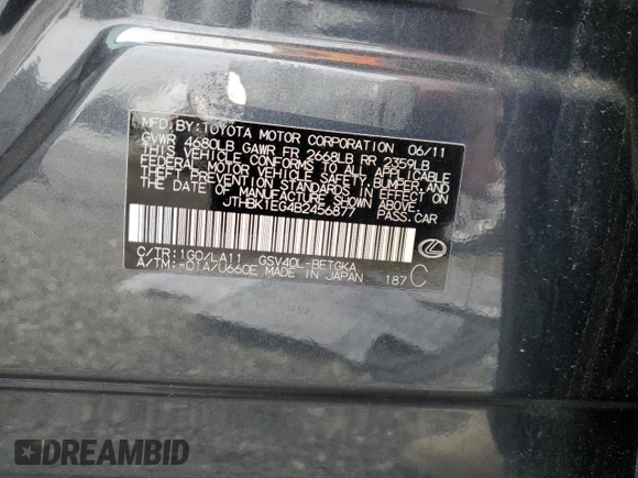 2011 Lexus ES 330 with VIN JTHBK1EG4B2456877, listed as a Copart auction lot 51746725 with 106,467 mi miles and Salvage Title. Bid and sale history available at DreamBid. Image 12.