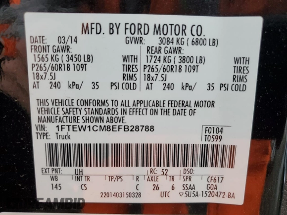 2014 Ford F-150 XL с VIN 1FTEW1CM8EFB28788, выставлен на аукционе Copart как лот 49265005 с пробегом 52 263 миль миль и Списание • Salvage title. История ставок и продаж доступна на DreamBid. Изображение 12.