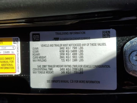 2022 Chevrolet Tahoe Premier with VIN 1GNSKSKD6NR328810, listed as a Copart auction lot 46128175 with 25,708 mi miles and Salvage Title. Bid and sale history available at carsss.com. Image 15.