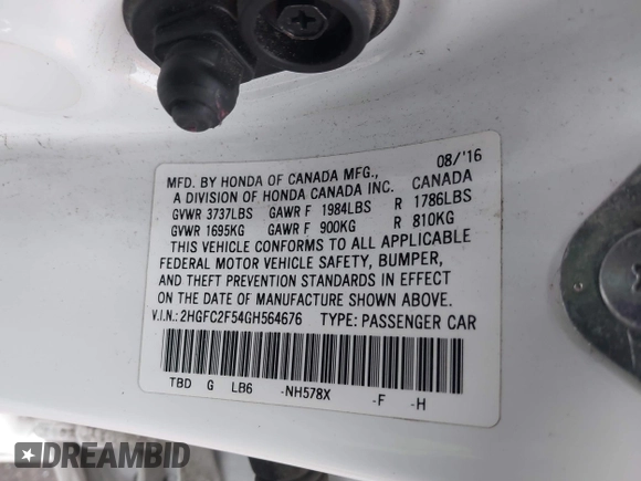 2016 Honda Civic Sedan LX with VIN 2HGFC2F54GH564676, listed as a IAAI auction lot 41784352 with 107,939 mi miles. Bid and sale history available at carsss.com. Image 9.