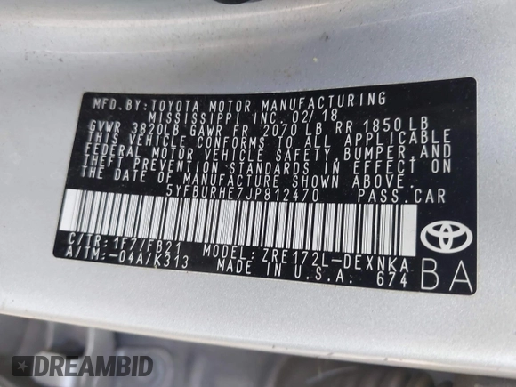 2018 Toyota Corolla L z VIN 5YFBURHE7JP812470, wystawiony jako IAAI lot #42183208 z przebiegiem 243 880 mil mil oraz . Historia ofert i sprzedaży dostępna na DreamBid. Obrazek 9.