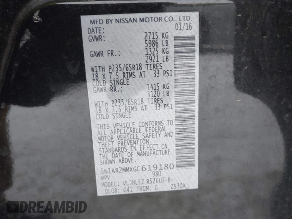 2016 Nissan Pathfinder SL с VIN 5N1AR2MMXGC619180, выставлен на аукционе IAAI как лот 41585616 с пробегом 120 829 миль миль и . История ставок и продаж доступна на DreamBid. Изображение 9.