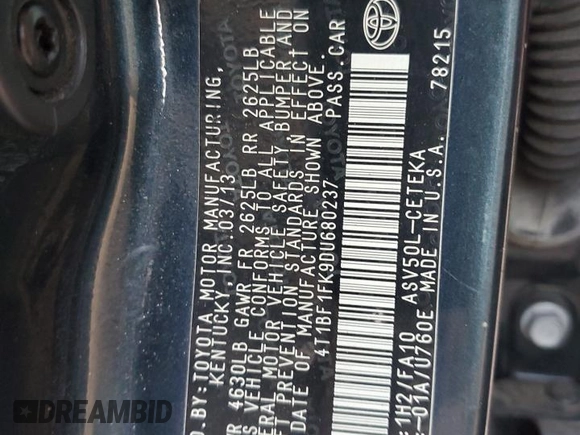 2013 Toyota Camry L with VIN 4T1BF1FK9DU680237, listed as a Copart auction lot 53188475 with 233,138 mi miles and Salvage Title. Bid and sale history available at carsss.com. Image 13.