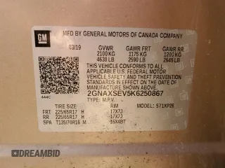 2019 Chevrolet Equinox LS with VIN 2GNAXSEV5K6250867, listed as a Copart auction lot 55721415 with 163,568 mi miles and Clean Title. Bid and sale history available at DreamBid. Image 12.