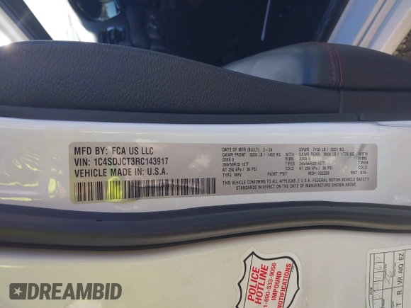 2024 Dodge Durango R/T Plus z VIN 1C4SDJCT3RC143917, wystawiony jako IAAI lot #41634822 z przebiegiem Nie podano mil oraz . Historia ofert i sprzedaży dostępna na DreamBid. Obrazek 9.