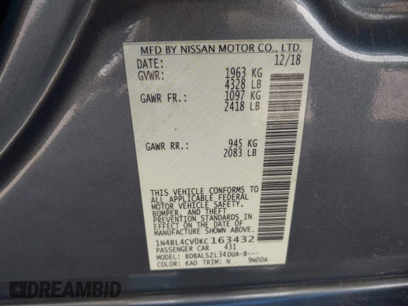 2019 Nissan Altima 2.5 SR with VIN 1N4BL4CV0KC163432, listed as a IAAI auction lot 42130104 with 186,452 mi miles. Bid and sale history available at carsss.com. Image 9.
