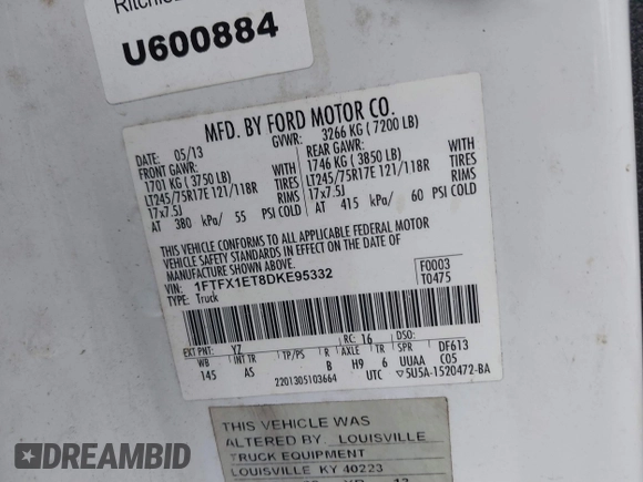 2013 Ford F-150 XL with VIN 1FTFX1ET8DKE95332, listed as a IAAI auction lot 40480905 with 243,758 mi miles and . Bid and sale history available at DreamBid. Image 9.