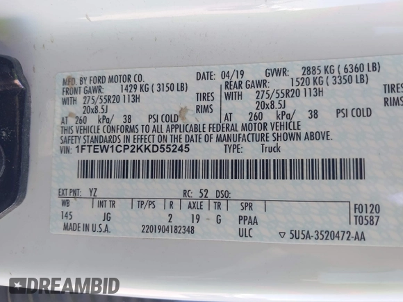 2019 Ford F-150 XL z VIN 1FTEW1CP2KKD55245, wystawiony jako IAAI lot #41683531 z przebiegiem 96 745 mil mil oraz . Historia ofert i sprzedaży dostępna na DreamBid. Obrazek 9.