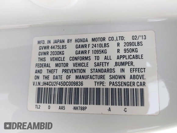 2013 Acura TSX with VIN JH4CU2F45DC009836, listed as a IAAI auction lot 42292230 with 104,054 mi miles and . Bid and sale history available at DreamBid. Image 9.
