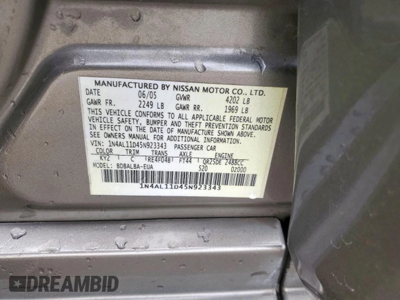 2005 Nissan Altima 2.5 z VIN 1N4AL11D45N923343, wystawiony jako Copart lot #56015665 z przebiegiem 194 772 mil mil oraz Szkoda całkowita • Salvage title. Historia ofert i sprzedaży dostępna na DreamBid. Obrazek 12.