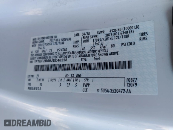 2018 Ford F-250 XLT with VIN 1FTBF2B69JEC40558, listed as a Copart auction lot 41728065 with 56,991 mi miles and Clean title. Bid and sale history available at DreamBid. Image 12.