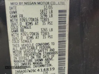 2006 Nissan Frontier LE z VIN 1N6AD07W26C414839, wystawiony jako Copart lot #89300935 z przebiegiem 275 255 mil mil oraz Szkoda całkowita • Salvage title. Historia ofert i sprzedaży dostępna na DreamBid. Obrazek 13.