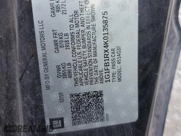 2019 Chevrolet Camaro 1LS with VIN 1G1FB1RX4K0135875, listed as a Copart auction lot 41765985 with 0 mi miles and Salvage Title. Bid and sale history available at carsss.com. Image 12.