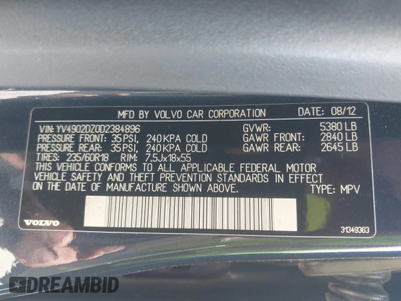 2013 Volvo XC60 T6 with VIN YV4902DZ0D2384896, listed as a IAAI auction lot 42156123 with 148,971 mi miles and . Bid and sale history available at DreamBid. Image 9.