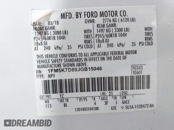 2018 Ford Explorer XLT with VIN 1FM5K7D89JGB15046, listed as a IAAI auction lot 42313133 with 108,477 mi miles and . Bid and sale history available at DreamBid. Image 9.