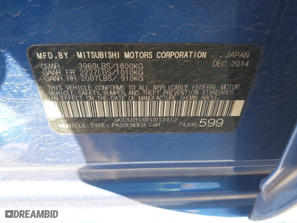 2015 Mitsubishi Lancer ES with VIN JA32U2FU0FU012412, listed as a IAAI auction lot 41766999 with 158,851 mi miles. Bid and sale history available at carsss.com. Image 9.