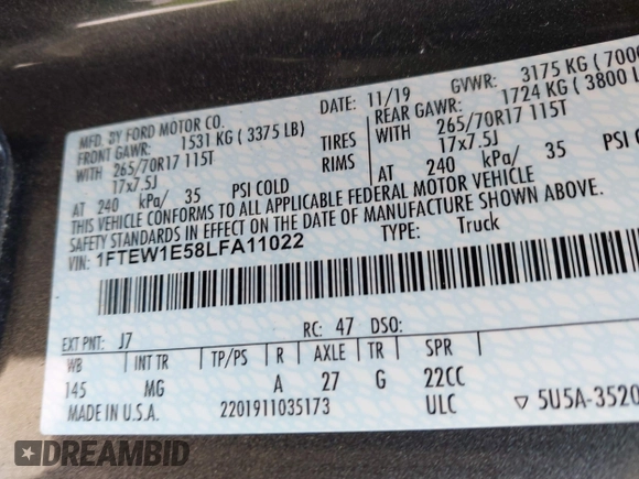 2020 Ford F-150 XL with VIN 1FTEW1E58LFA11022, listed as a IAAI auction lot 41768699 with Not Provided miles and . Bid and sale history available at carsss.com. Image 9.