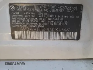 2006 BMW 3 Series 325i with VIN WBAVB13586KX43481, listed as a Copart auction lot 78620534 with 207,036 mi miles and Salvage title. Bid and sale history available at DreamBid. Image 12.