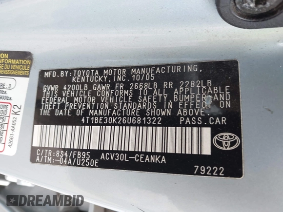 2006 Toyota Camry STD with VIN 4T1BE30K26U681322, listed as a IAAI auction lot 41810479 with 212,127 mi miles and . Bid and sale history available at carsss.com. Image 9.