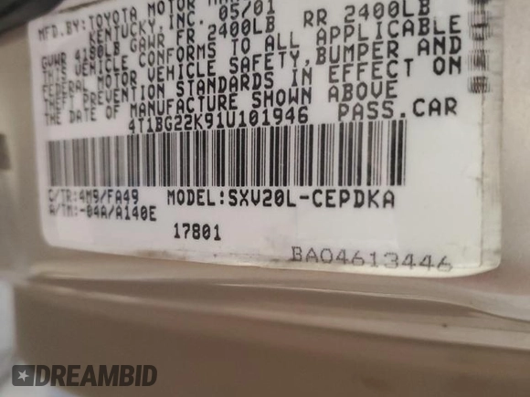 2001 Toyota Camry CE z VIN 4T1BG22K91U101946, wystawiony jako Copart lot #59685795 z przebiegiem 99 347 mil mil oraz Szkoda całkowita • Salvage title. Historia ofert i sprzedaży dostępna na DreamBid. Obrazek 12.