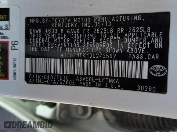 2013 Toyota Camry L with VIN 4T1BF1FK1DU273562, listed as a Copart auction lot 44219165 with 303,939 mi miles and Salvage Title. Bid and sale history available at DreamBid. Image 12.