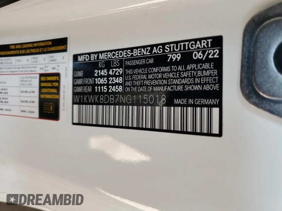 2022 Mercedes-Benz C 300 with VIN W1KWK8DB7NG115018, listed as a Copart auction lot 52892615 with 37,226 mi miles and Salvage title. Bid and sale history available at DreamBid. Image 12.
