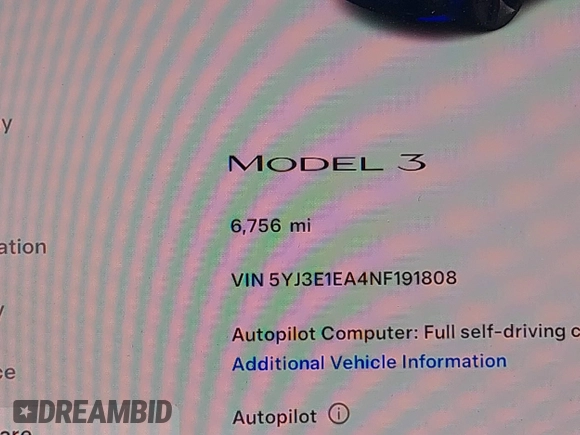 2022 Tesla Model 3 with VIN 5YJ3E1EA4NF191808, listed as a IAAI auction lot 39564406 with 6,756 mi miles. Bid and sale history available at carsss.com. Image 15.